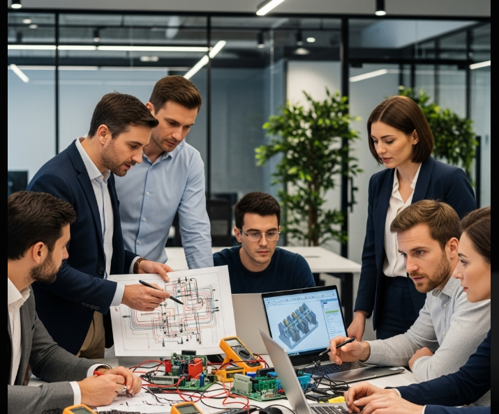 ECOLINE team collaborating on electrical project plans